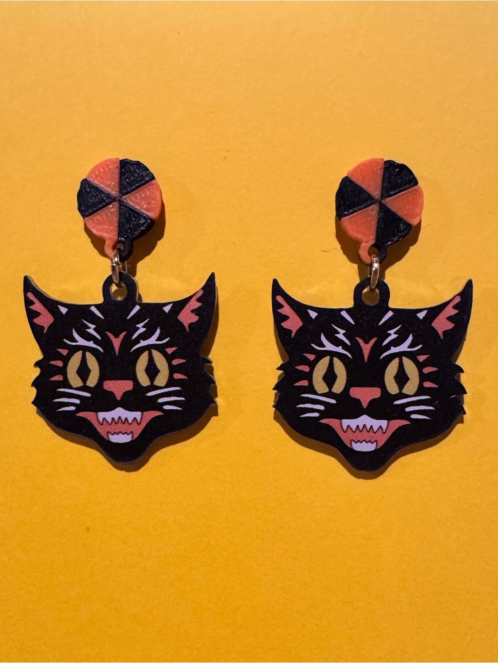 Halloween Black & Orange Cat Head Earrings 🎃
